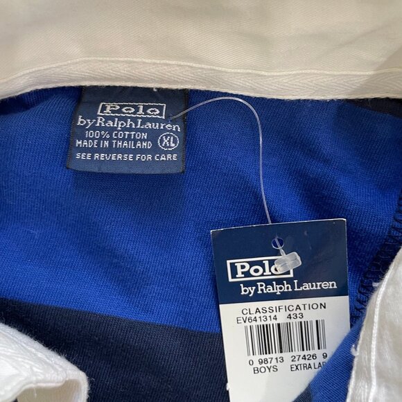 Polo Ralph Lauren Shirt Youth XL Blue & Black Stripe Rugby Collared Small Pony - Picture 3 of 12